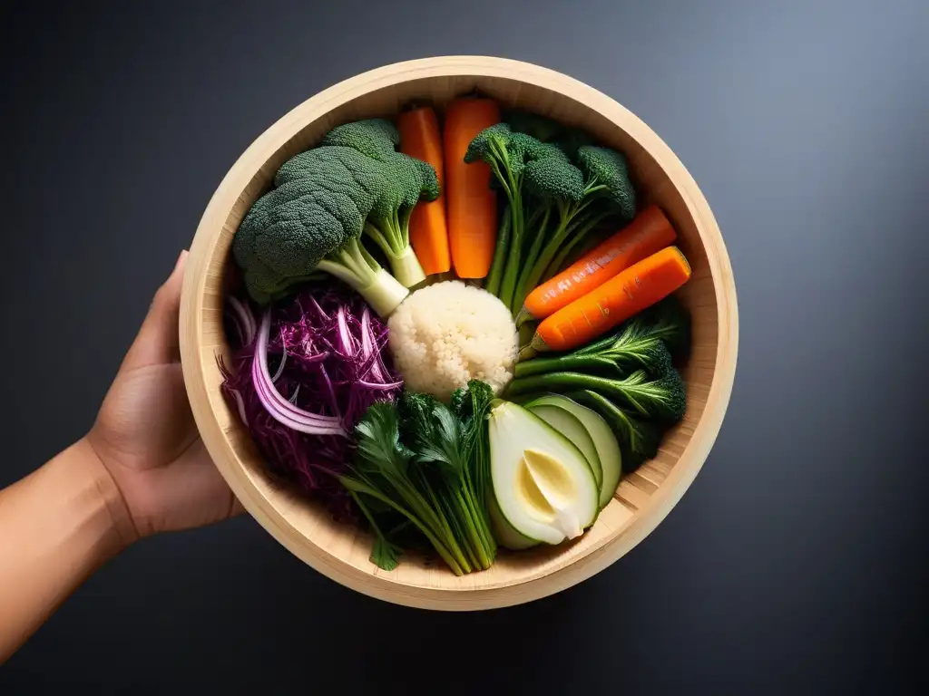 Una escena vibrante de verduras y hierbas al vapor, resaltando la frescura de la cocina vegana