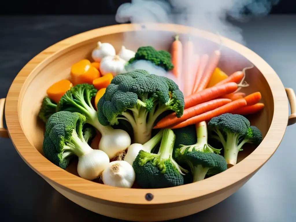 Una escena vibrante de verduras al vapor en un moderno vaporizador de bambú, que refleja la elegancia de la cocina vegana al vapor fácil