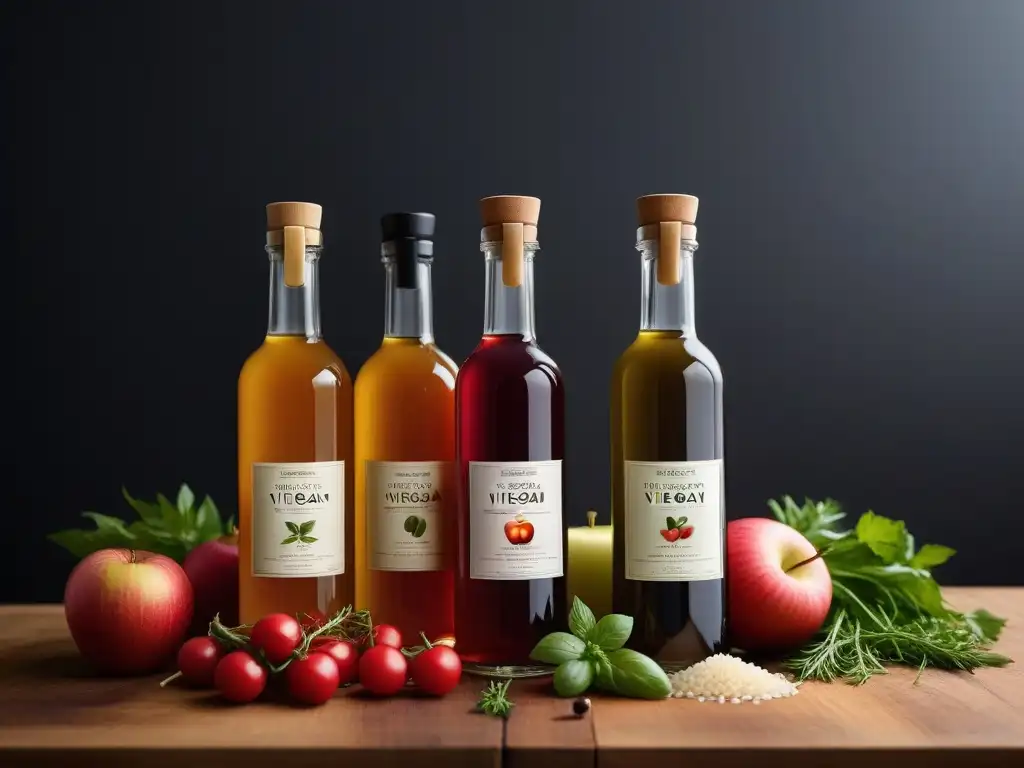 Una escena vibrante de vinagres fermentados en elegantes botellas, rodeados de hierbas frescas y verduras coloridas en tablas de madera rústica