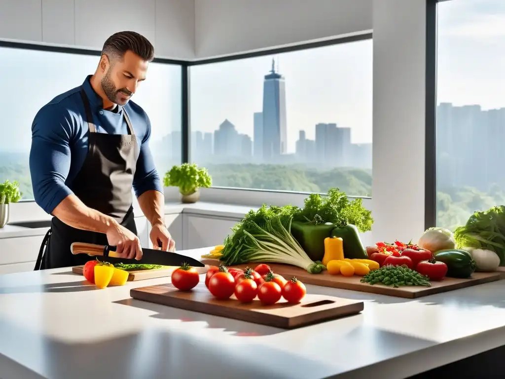 Un escenario de cocina moderna y vibrante con ingredientes frescos y un chef profesional