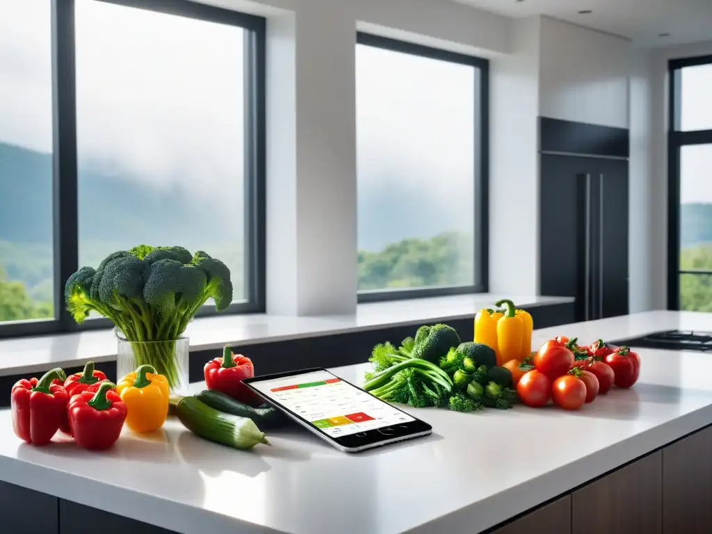 Un escenario de cocina moderno y vibrante con aplicaciones de planificación vegana en dispositivos digitales, rodeado de verduras frescas y coloridas