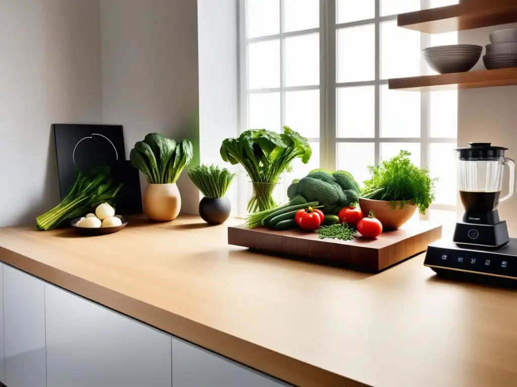 Un escenario de cocina serena con vegetales frescos y libros de cocina vegana, creando una atmósfera de mindfulness plena