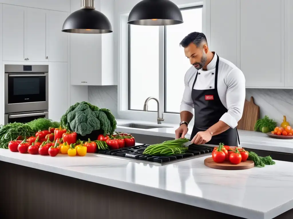 Un escenario de cocina vibrante y moderno con una encimera de mármol blanco, vegetales frescos y utensilios colgantes