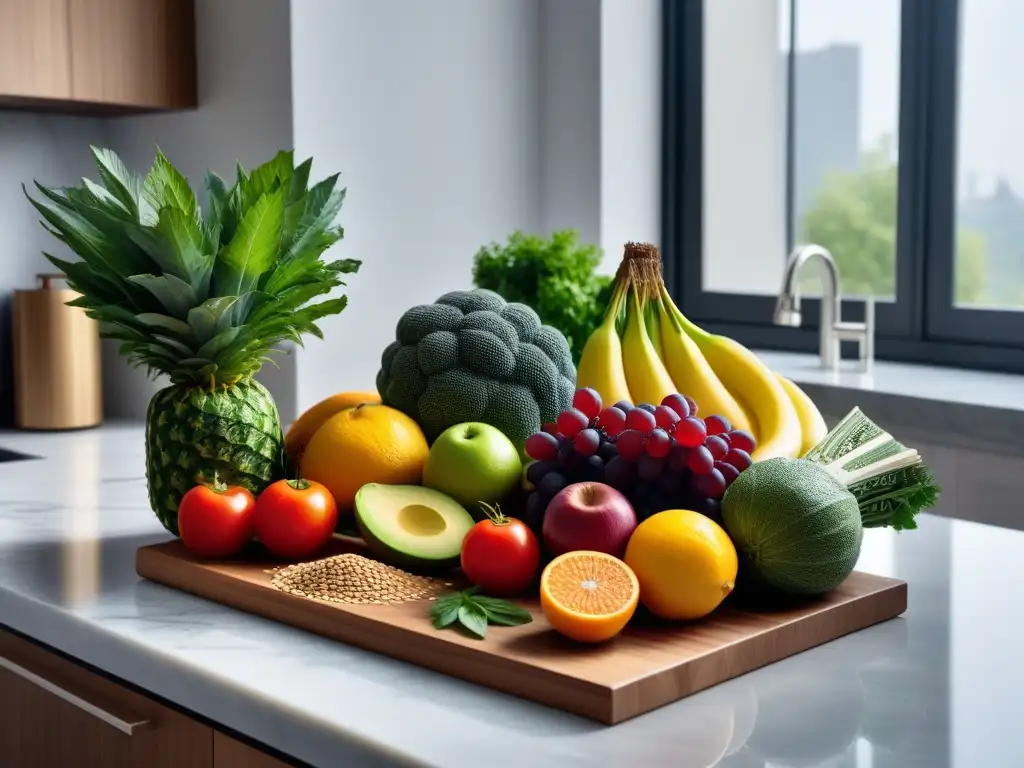 Un escenario de cocina vibrante y moderno con frutas, verduras y granos coloridos en una encimera de mármol