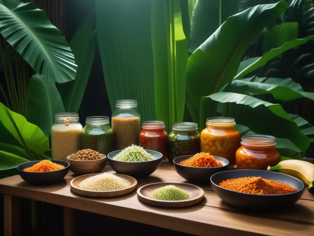 Un escenario detallado de una cocina asiática tradicional, con ingredientes veganos fermentados y manos expertas en el proceso