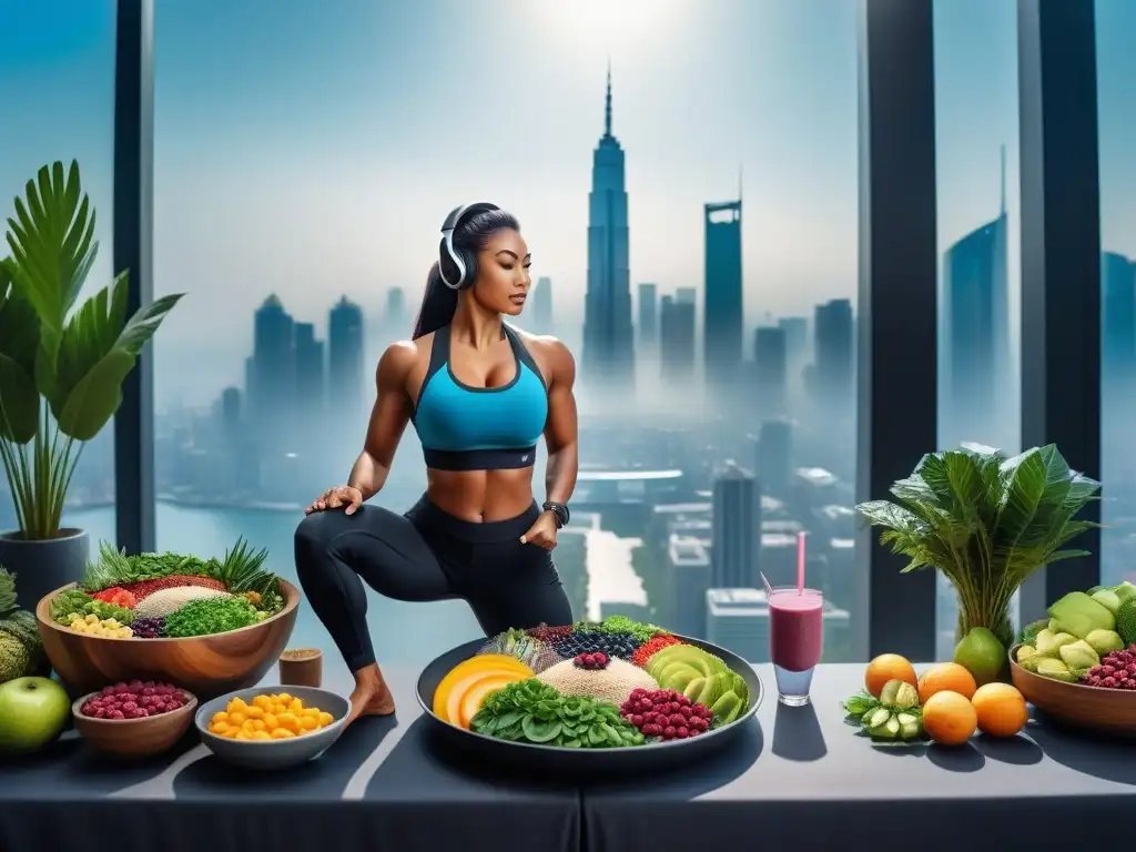 Un escenario futurista donde atletas disfrutan de alimentos veganos, simbolizando equilibrio entre dieta y deporte