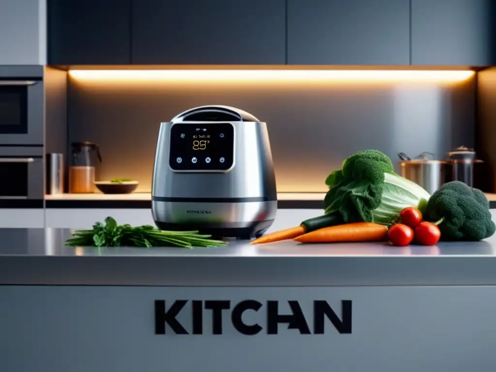 Un escenario futurista en una cocina llena de robots de cocina para veganos cortando, mezclando y cocinando ingredientes vegetales con precisión