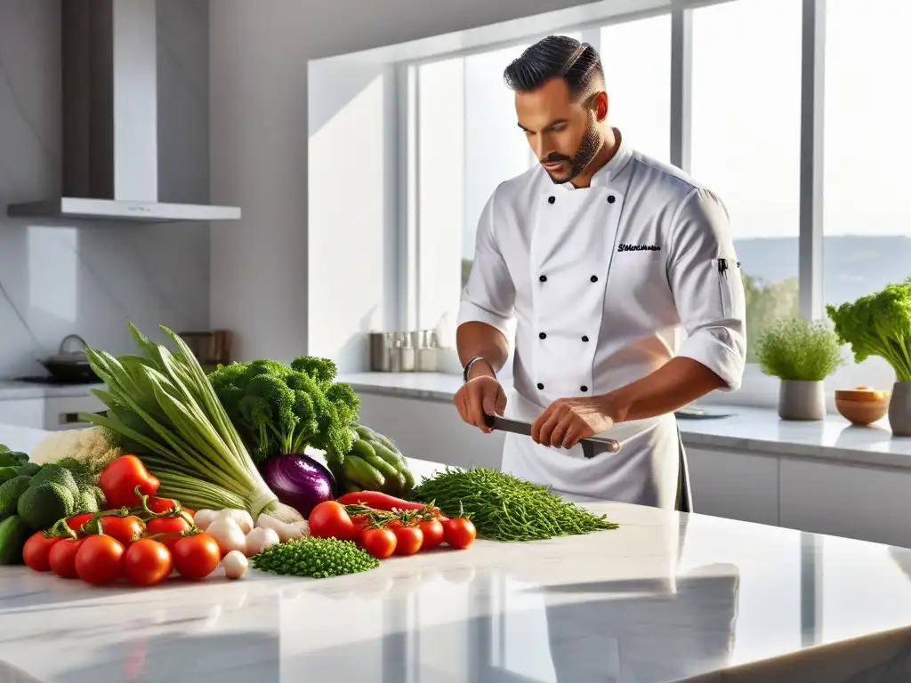 Un escenario luminoso en una cocina vegana, donde un chef experto muestra técnicas con herramientas, destacando la frescura de los ingredientes