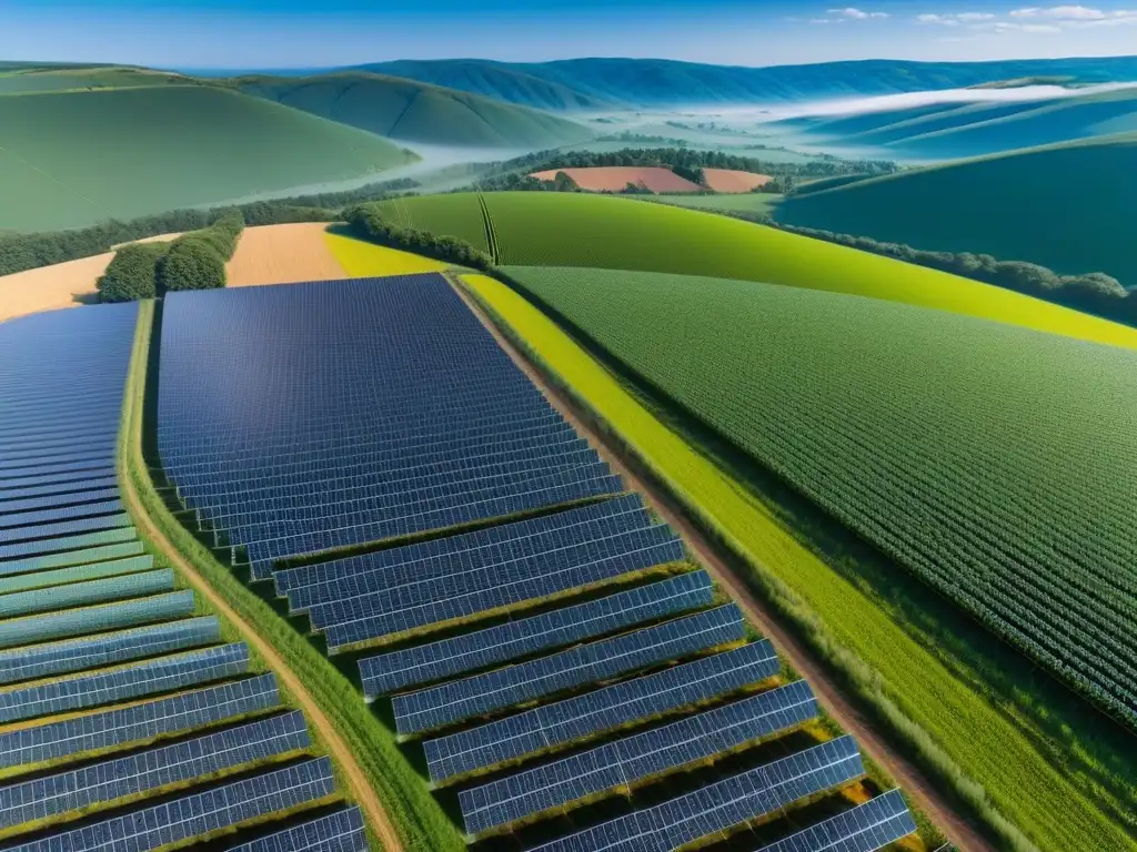 Un escenario mágico de granja solar con personas y productos veganos, transmitiendo armonía entre energía renovable y alimentación vegana sostenible