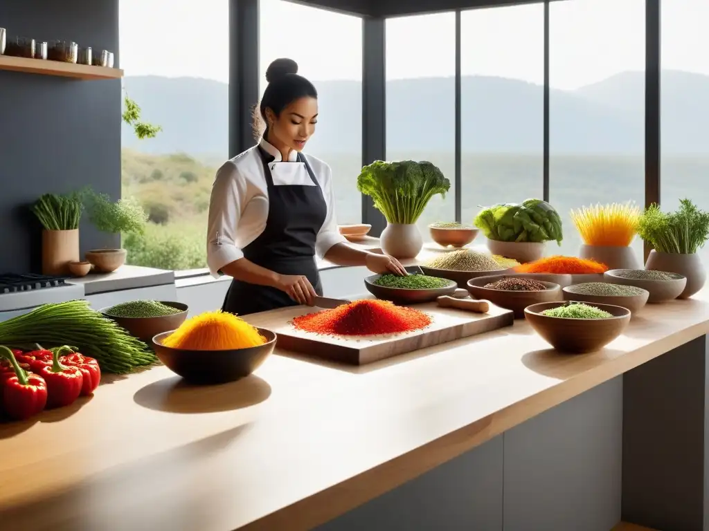 Un escenario sereno de cocina vegana con una mesa de madera llena de verduras frescas y hierbas coloridas, bañadas por una luz natural cálida