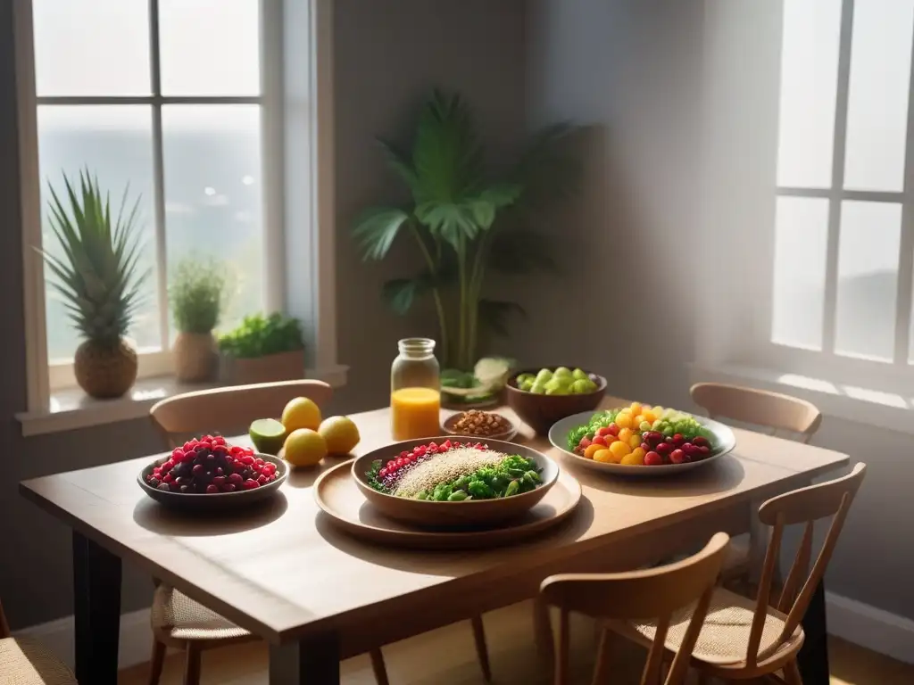 Escena de cocina vegana: salud y color en cada plato Un escenario sereno y moderno en una cocina con mesa de comedor de madera elegante preparada para una comida vegana, con platos coloridos y saludables
