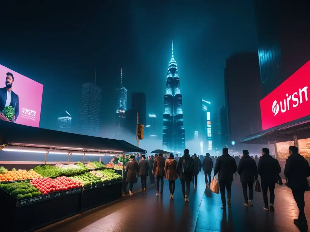 Un escenario urbano nocturno con luces de neón vibrantes iluminando rascacielos y calles bulliciosas