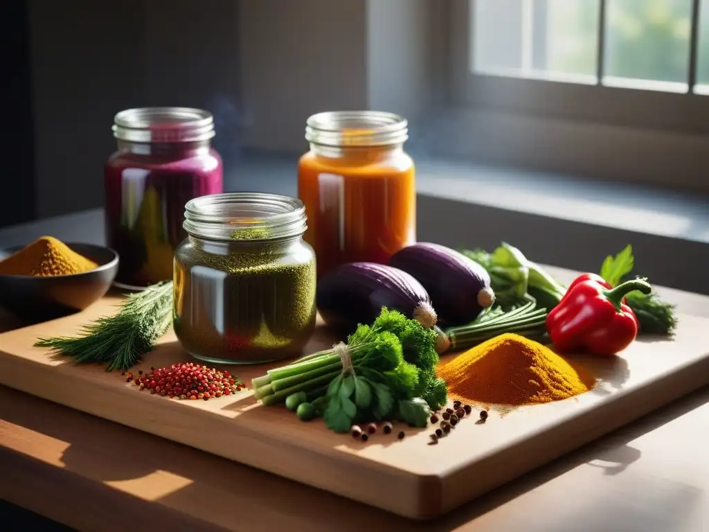 Un escenario vibrante de cocina con vegetales coloridos y especias ayurvédicas en Tarros de Vidrio