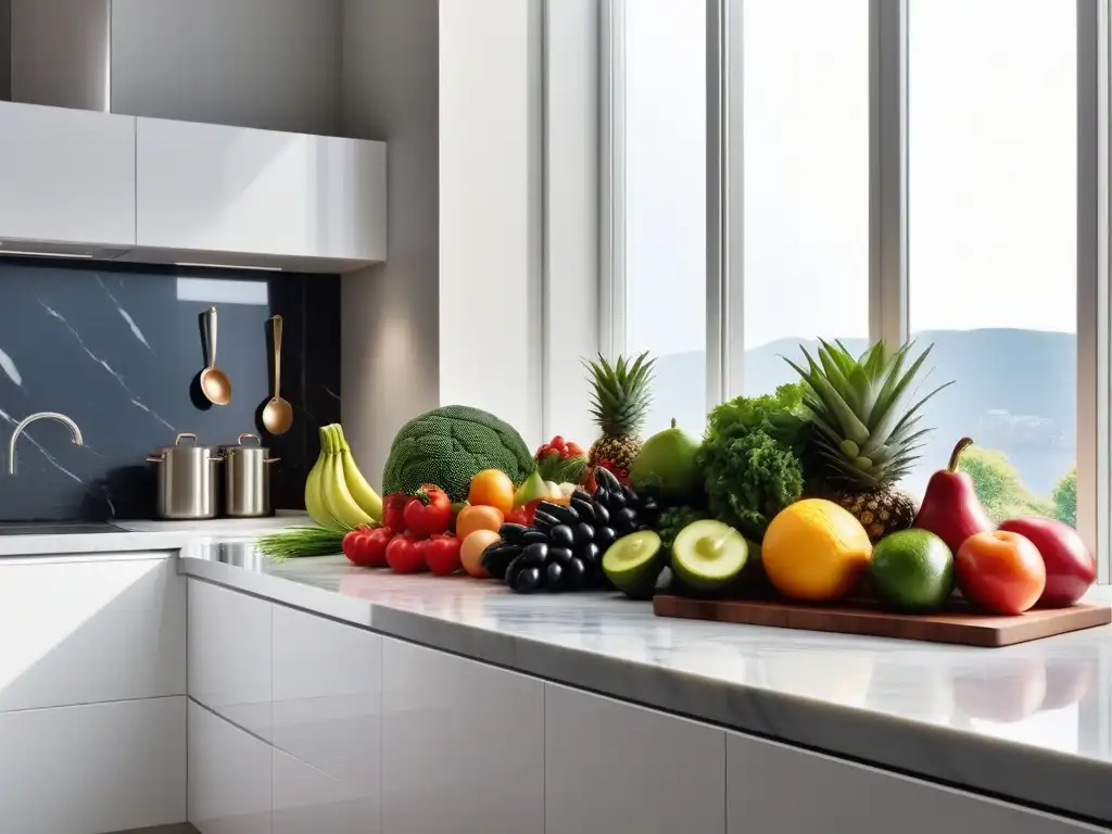 Un escenario vibrante y moderno en una cocina con una variedad de frutas, verduras, nueces y granos coloridos