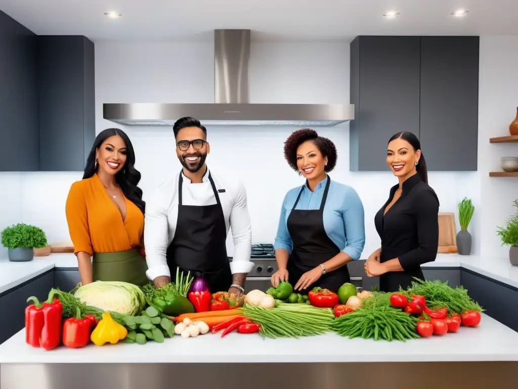 Un escenario vibrante y moderno de emprendedores entusiastas en una cocina contemporánea, rodeados de ingredientes vegetales coloridos