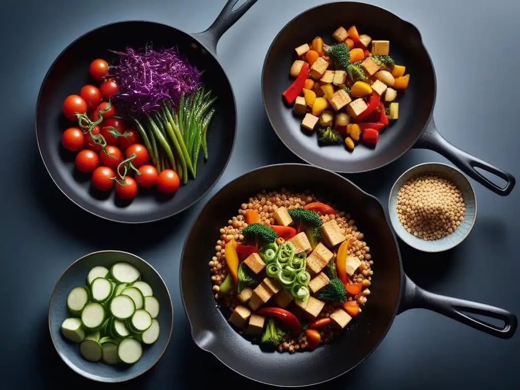 Escenas de cocina vegana: sartén de cerámica y sartén de hierro con salteado de verduras y proteínas vegetales