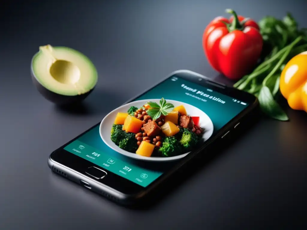 Captura la esencia de la app de recetas veganas con funciones ocultas en un smartphone moderno y vibrante