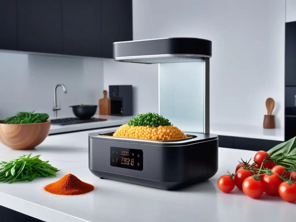 Encimera de cocina futurista y sostenible para cocina vegana Un espacio de cocina futurista con tecnología sostenible para la cocina vegana