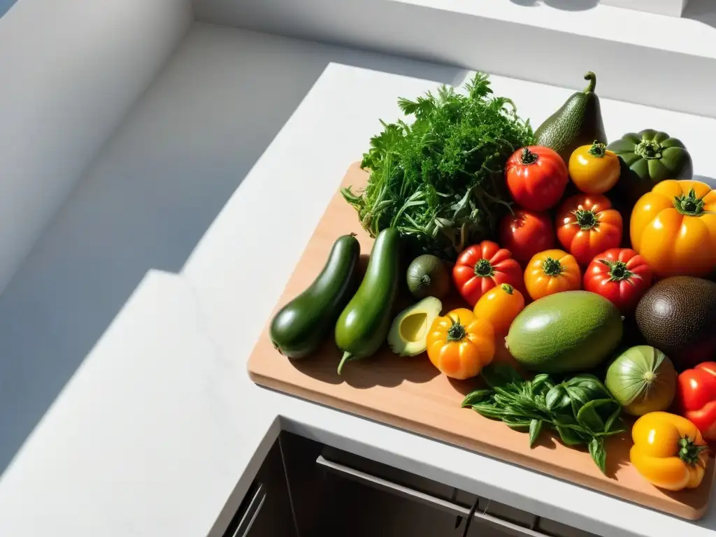 Un espacio de cocina vegana minimalista y sencilla con alimentos frescos y utensilios de alta calidad