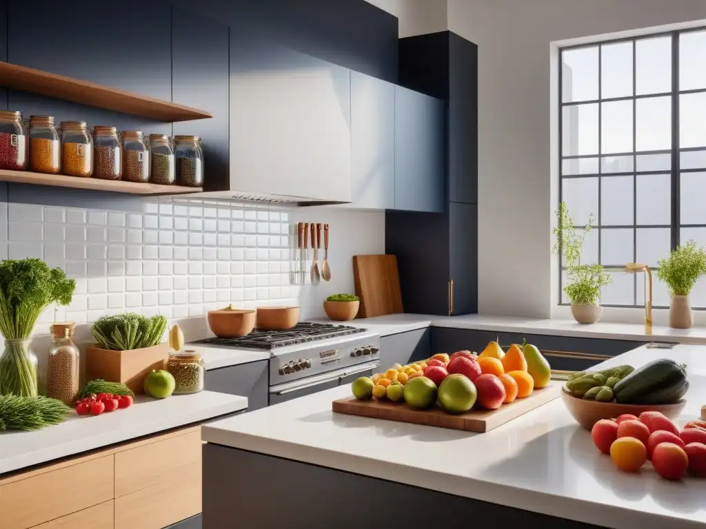Escena de cocina vegana moderna y vibrante Espacio de cocina vegana moderno y vibrante con despensa organizada y alimentos frescos en tarros
