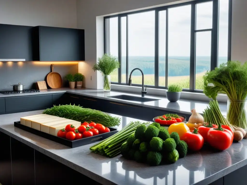 Un espacio culinario moderno con vegetales vibrantes y utensilios de cocina, iluminado por la luz del sol