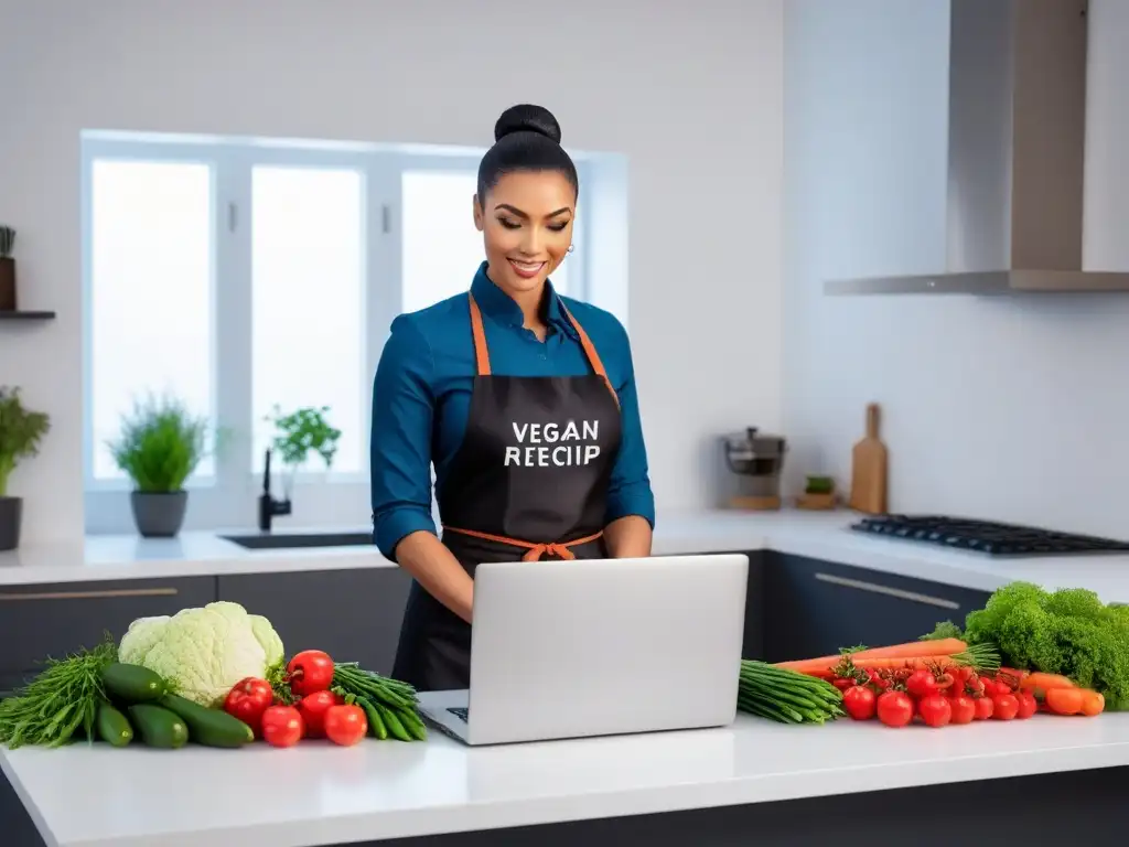 Un espacio de taller de cocina vegana online con recetas vibrantes, vegetales frescos y un ambiente acogedor y profesional