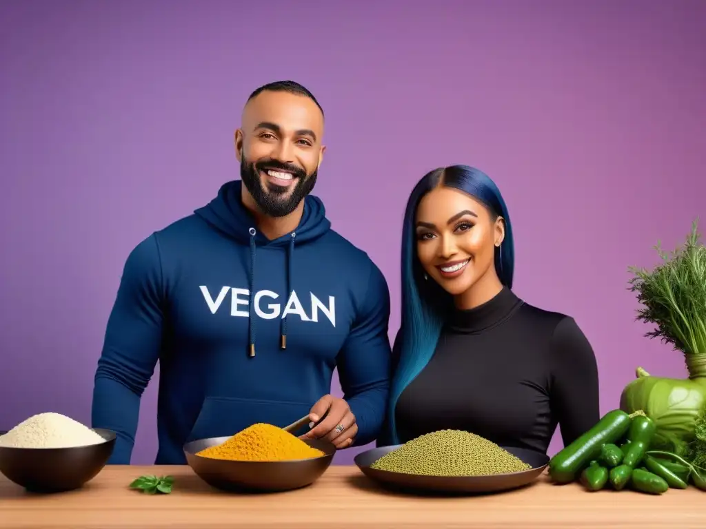 Un espacio virtual vibrante y moderno donde personas diversas comparten consejos de cocina vegana