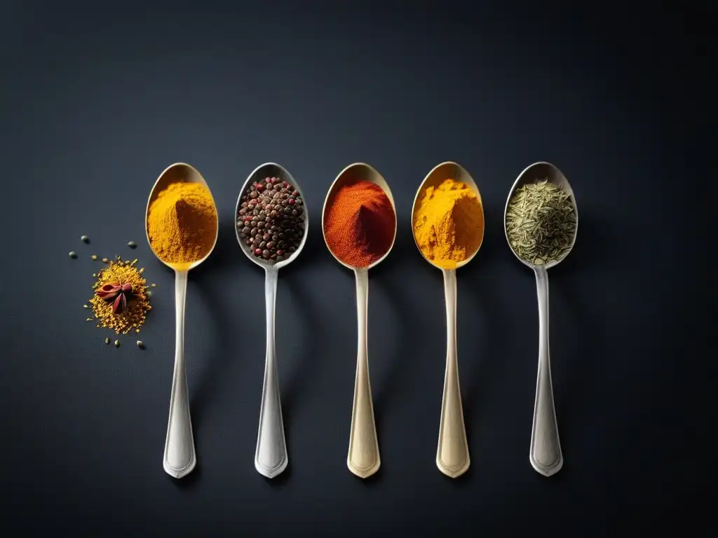 Especias vibrantes en cucharas: arte culinario Combinación de especias para recetas veganas en cucharas individuales