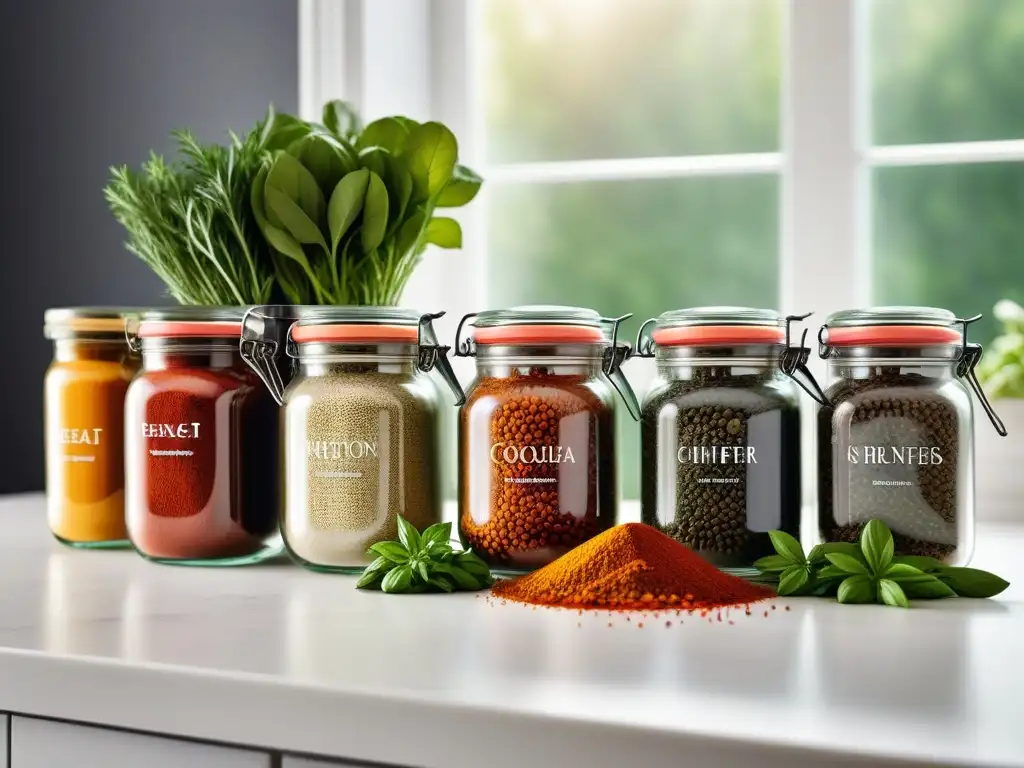 Esencia culinaria: cocina moderna con especias y vegetales vibrantes Combinación de especias para recetas veganas: una vista colorida y aromática en una encimera de cocina moderna