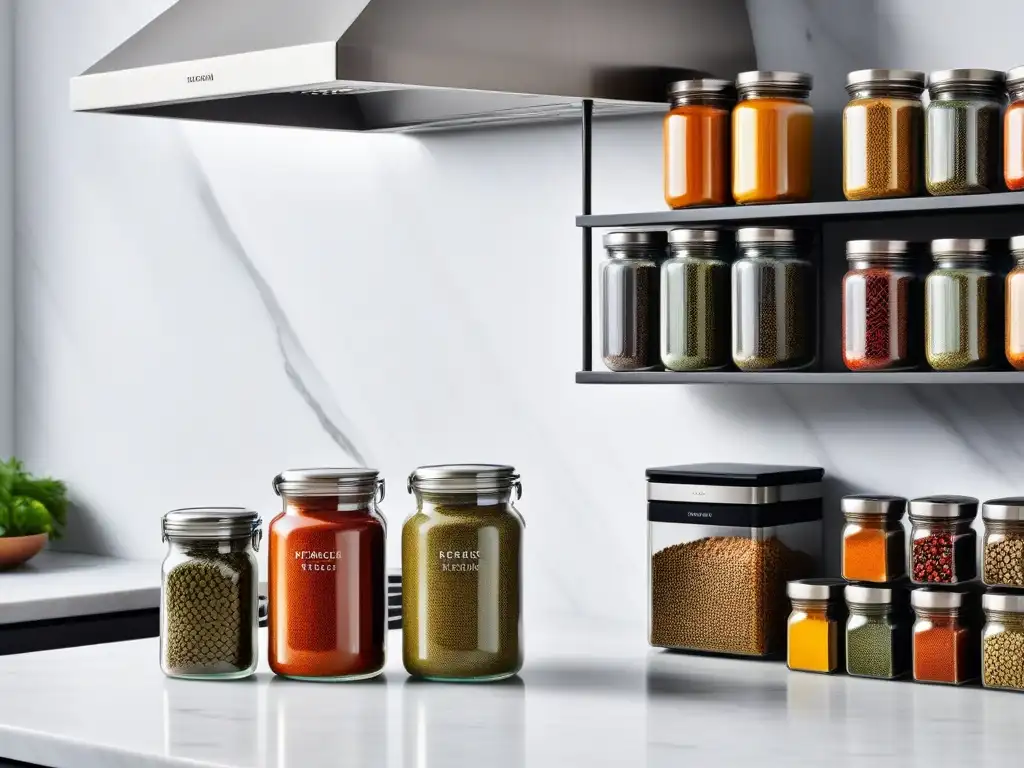 Especieros para cocina vegana: Elegante organización de especias vibrantes en cocina minimalista y sofisticada