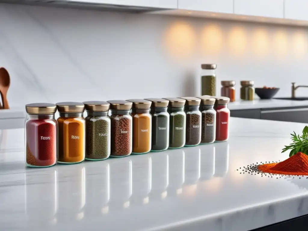 Especieros para cocina vegana en un elegante ambiente de cocina moderna con especias coloridas y organizadas