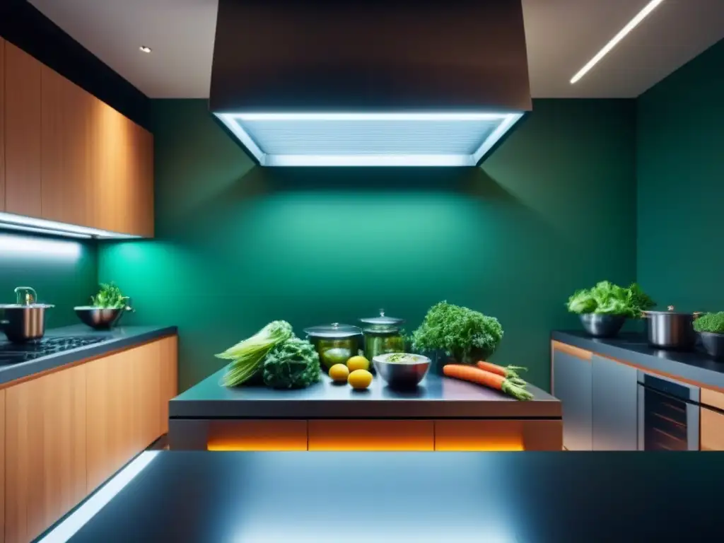 Espectacular cocina futurista con tecnologías cocina vegana sostenible y diseño ecoamigable