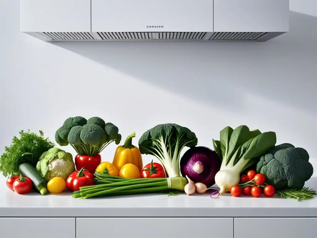 Una espectacular composición de verduras y hierbas frescas en una cocina minimalista