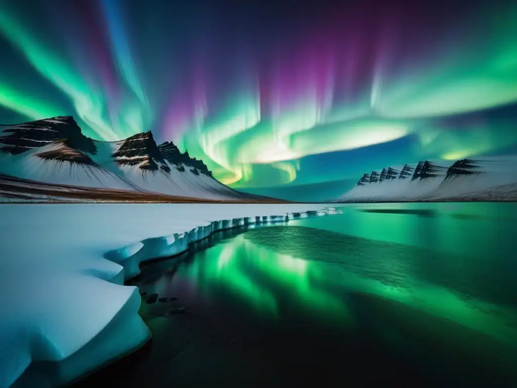 Espectacular aurora boreal sobre paisaje islandés, con tonos verdes y morados en el cielo nocturno sobre montañas nevadas y lago congelado