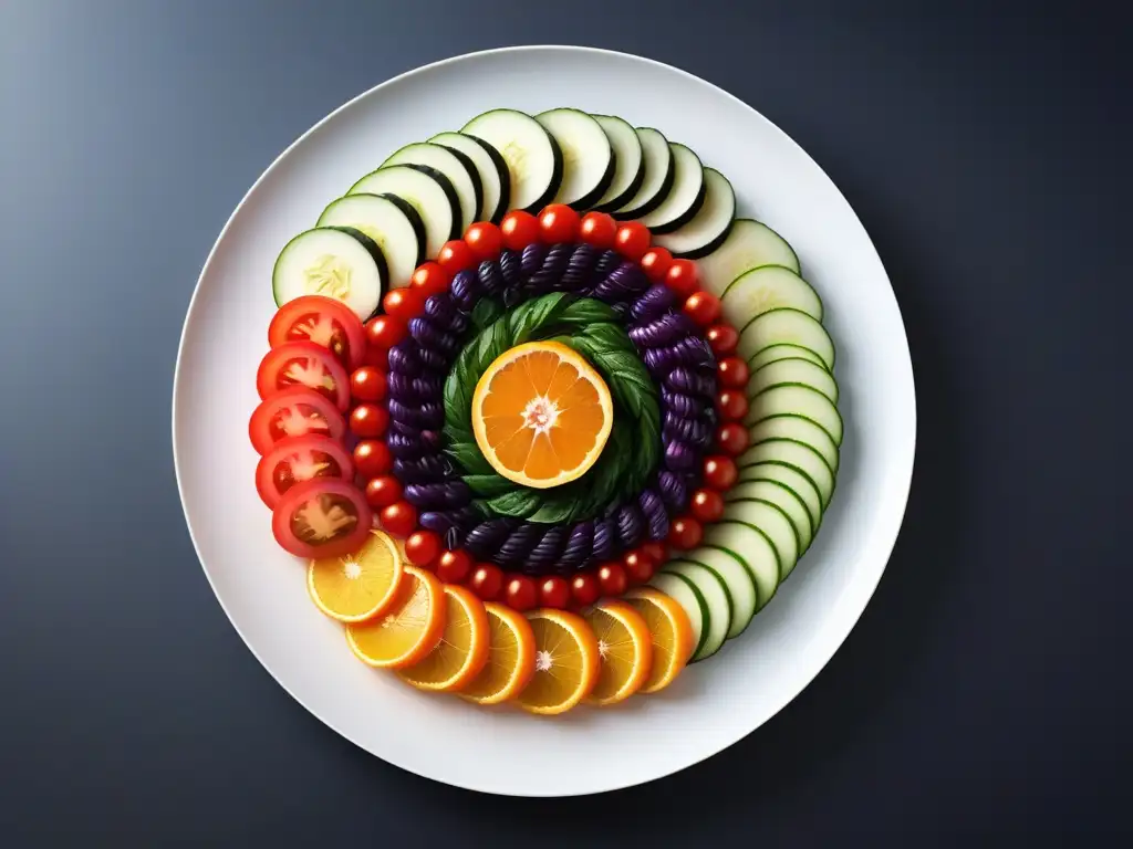 Un espectáculo vegano de colores: verduras frescas en espiral sobre un plato blanco