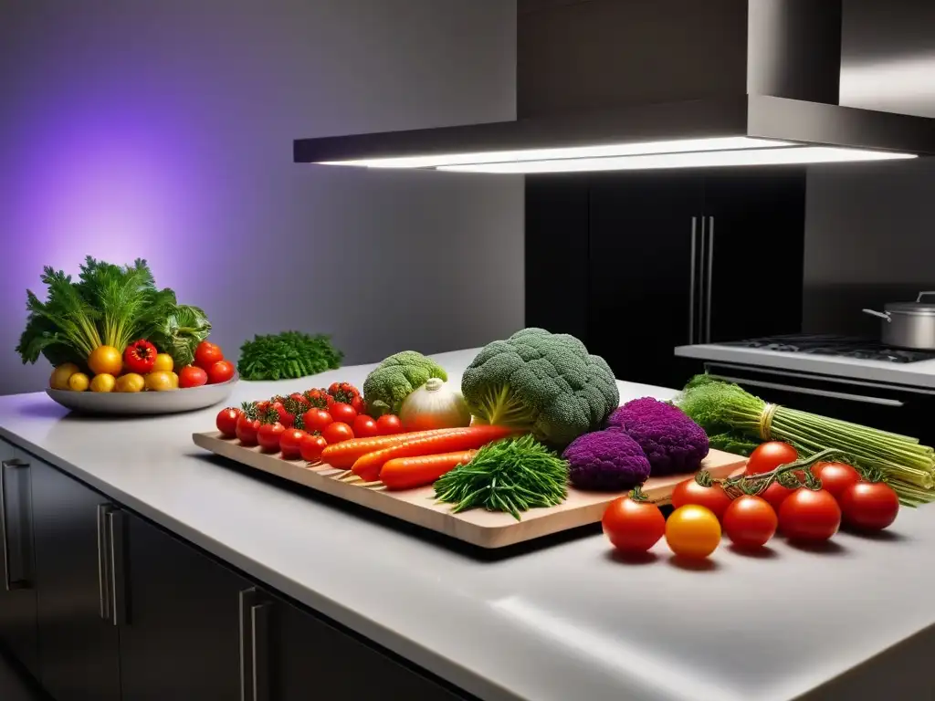 Un espectáculo visual de verduras coloridas en una cocina moderna, destacando la innovación de la cocción a baja temperatura vegana