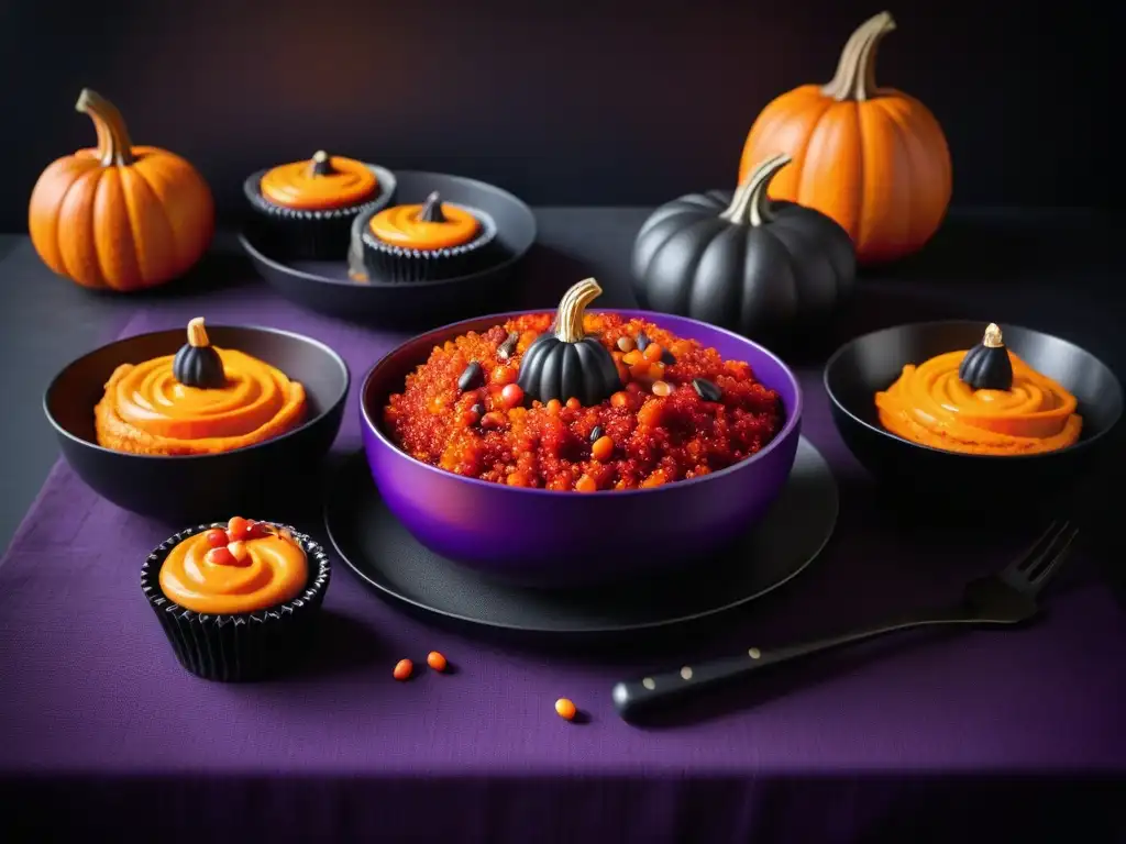 Un espeluznante banquete vegano de Halloween con calabaza tallada, chili de batata y cupcakes de calabaza