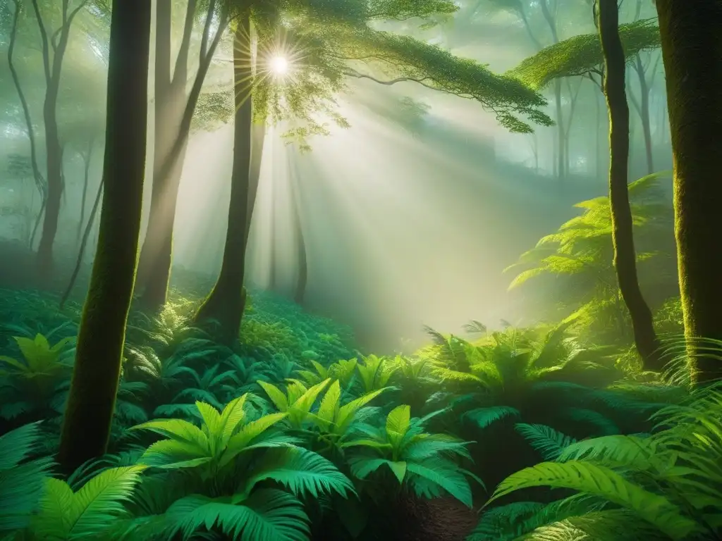 Espléndido bosque verde vivo, luz solar entre la frondosidad