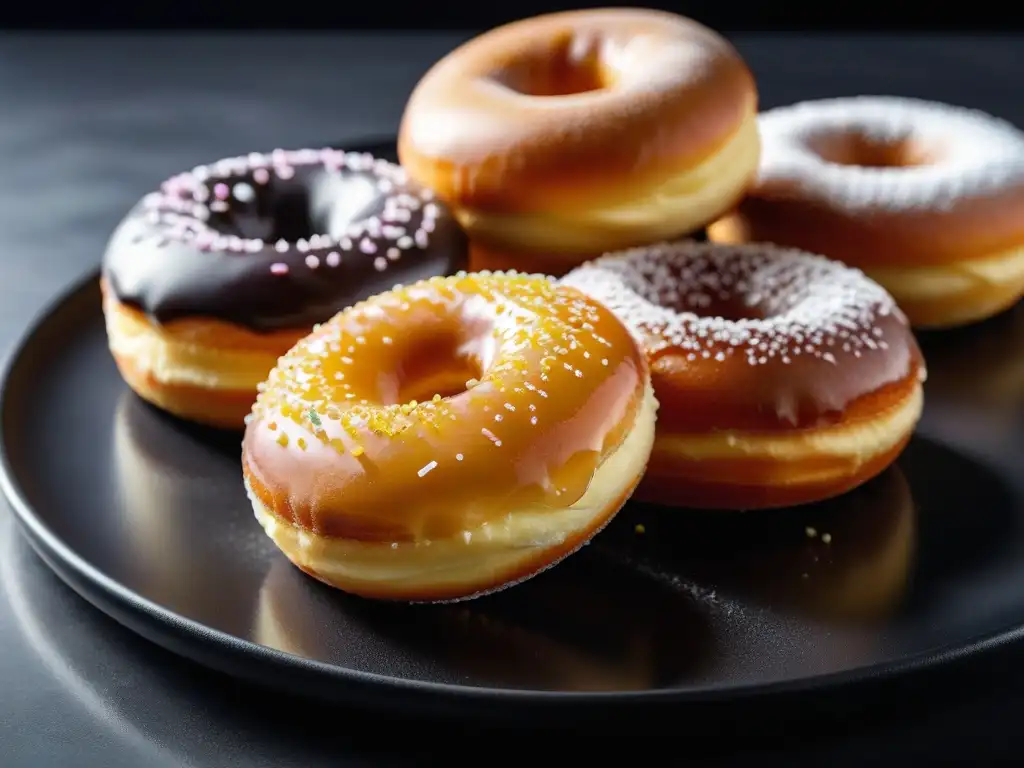 Esponjosas donas veganas recién horneadas, doradas y espolvoreadas con azúcar glass, sobre un elegante plato negro