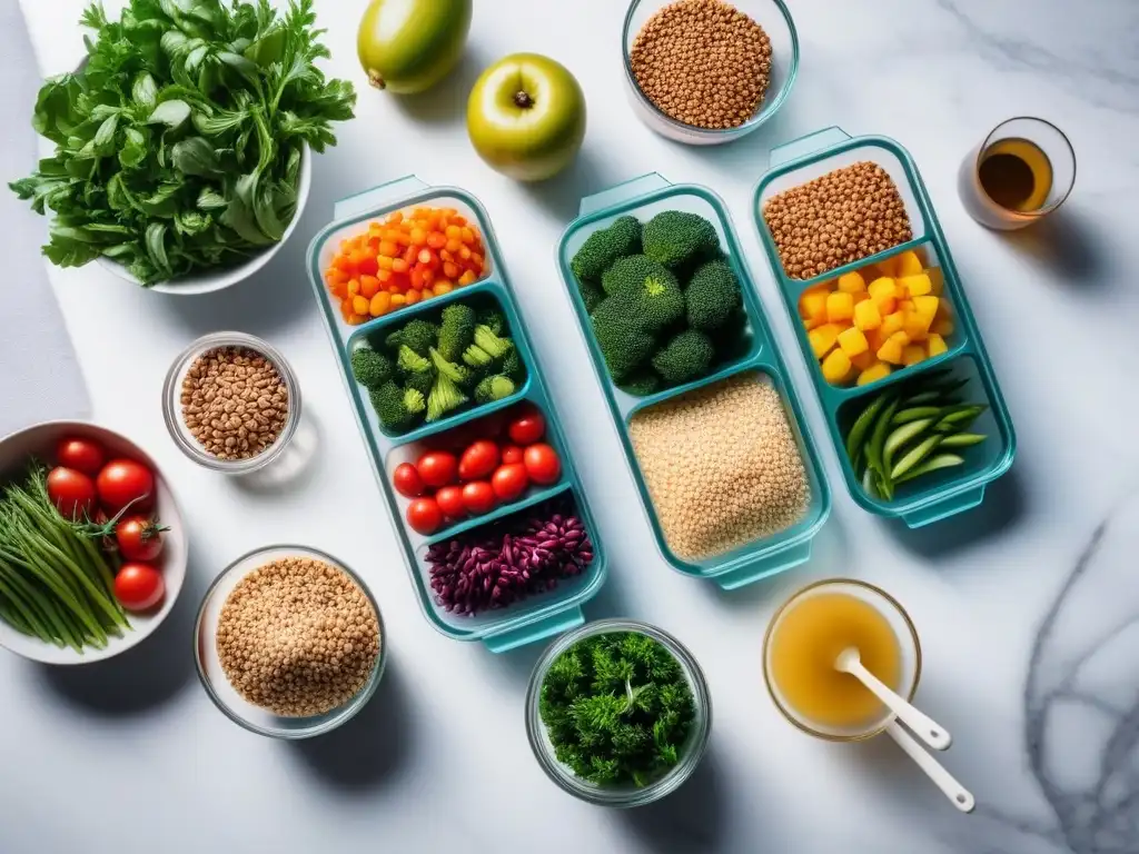 Una estación de preparación de comida vibrante con ingredientes veganos, organizados en recipientes de vidrio sobre encimera de mármol