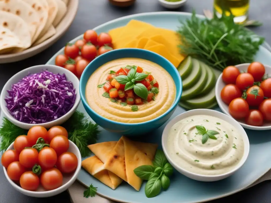 Una estación vibrante de salsas veganas mediterráneas rodeada de hierbas frescas, tomates maduros y pan pita