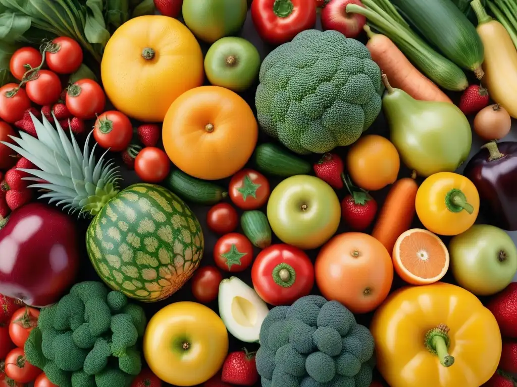 Un estallido de colores de frutas y verduras sobre un fondo blanco, transmitiendo frescura y diversidad