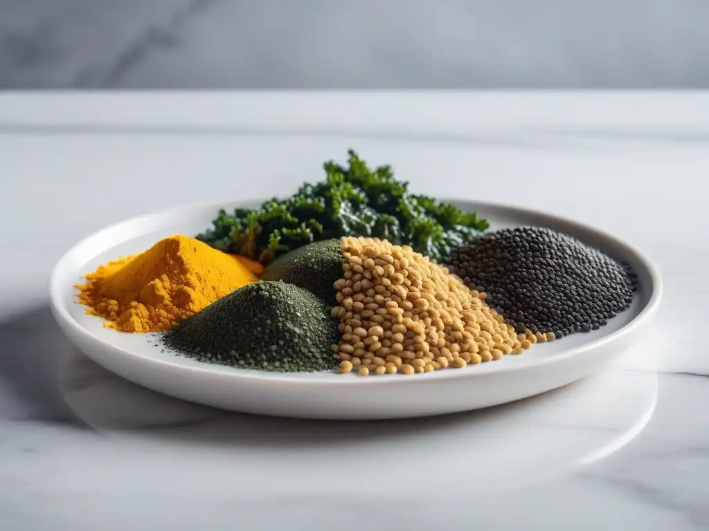 Un estallido de superfoods veganos en una cocina minimalista, ideal para una dieta saludable y óptima