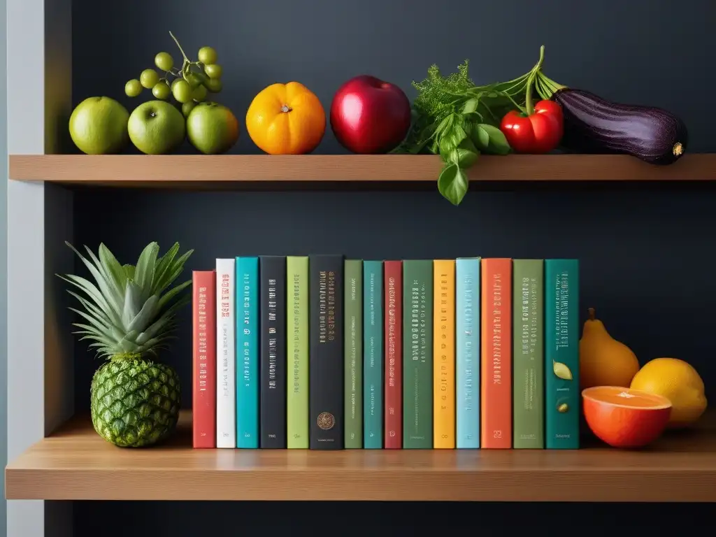 Un estante de libros de cocina vegana organizados por temporadas, con portadas vibrantes de ingredientes estacionales