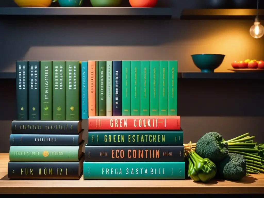 Un estante moderno con libros de cocina vegana coloridos y sostenibles