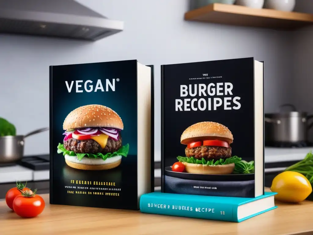 Una estantería moderna llena de libros de recetas de hamburguesas veganas coloridas y apetitosas, recomendados para entusiastas de la cocina vegana