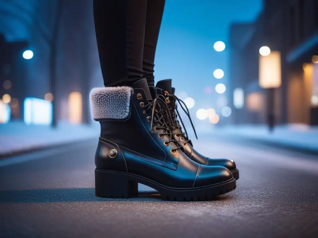 Estilosas botas veganas en paisaje invernal urbano con diseño elegante y acogedor forro de piel sintética