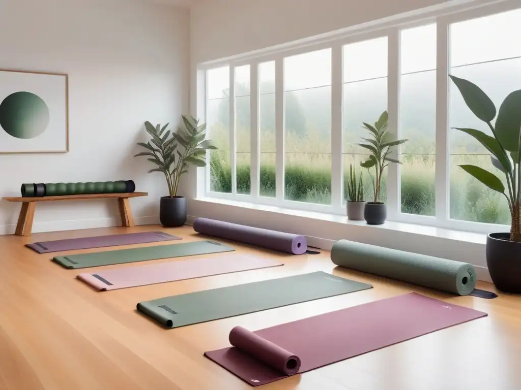 Estudio de yoga sereno con esterillas en tonos relajantes y plantas, para el Desafío 30 días yoga vegano