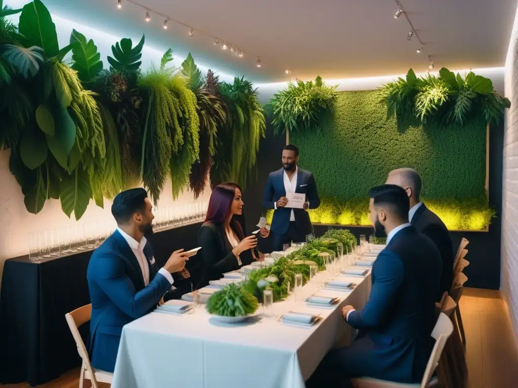 Un evento de Networking en cocina vegana: profesionales intercambiando ideas y tarjetas en un ambiente vibrante y colaborativo