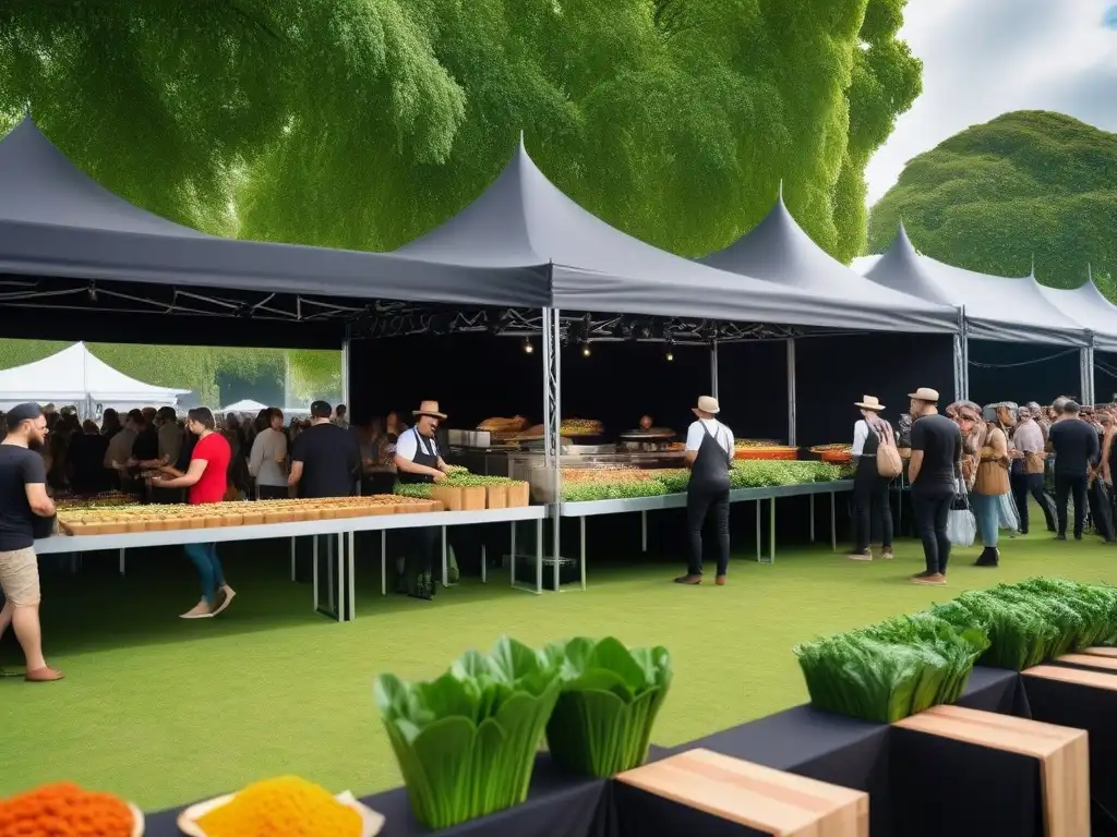 Evento gastronómico vegano: escena vibrante y bulliciosa con platos coloridos de todo el mundo